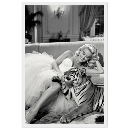 Vintage Hollywood Starlet Tiger Art Print 30x45 cm 12x18″ Museum-Quality Matte Framed Poster - White Wood