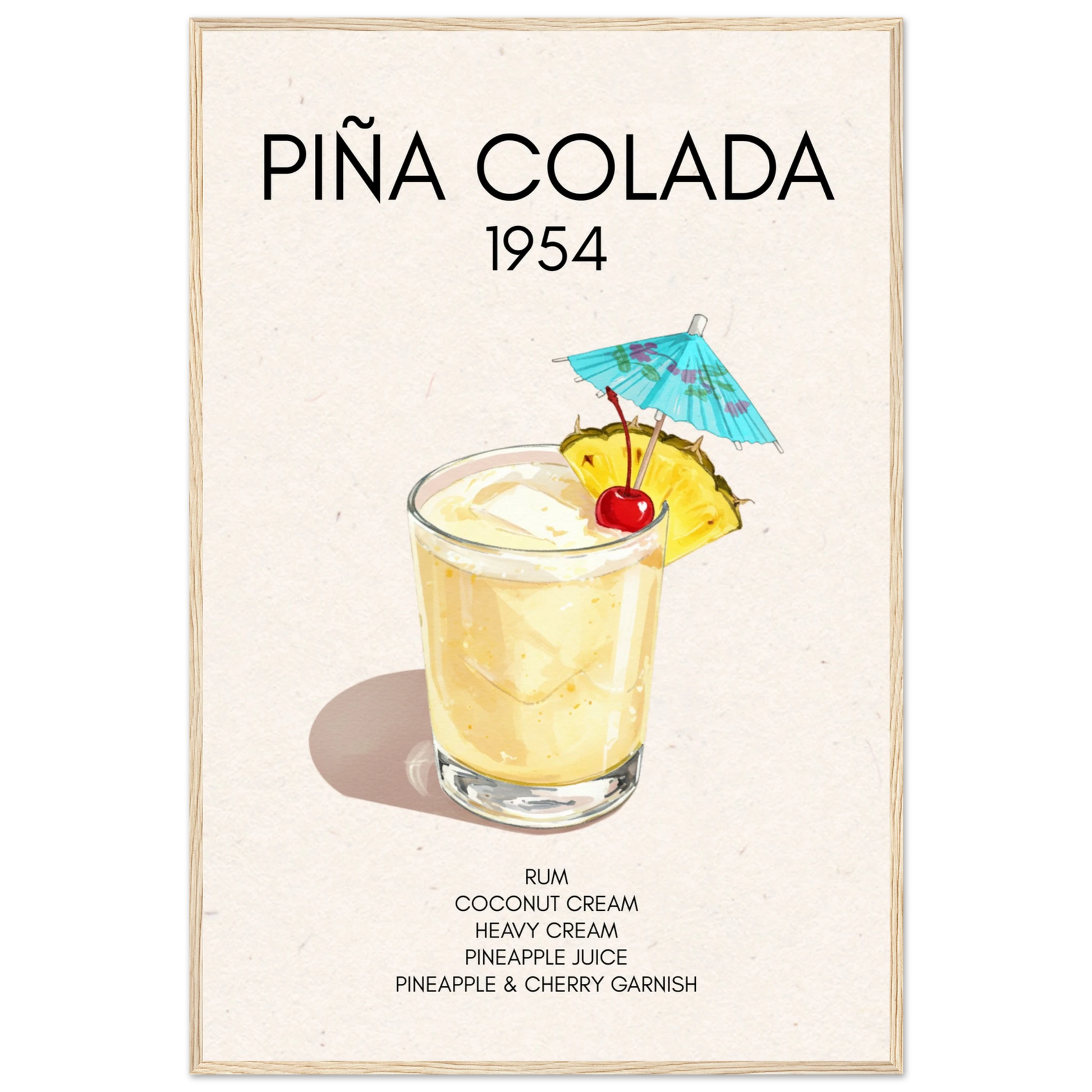 Pina Colada Cocktail Bar Poster Print Light Wood Frame 60x90 cm 24x36″ Classic Matte Paper Wooden Framed Poster