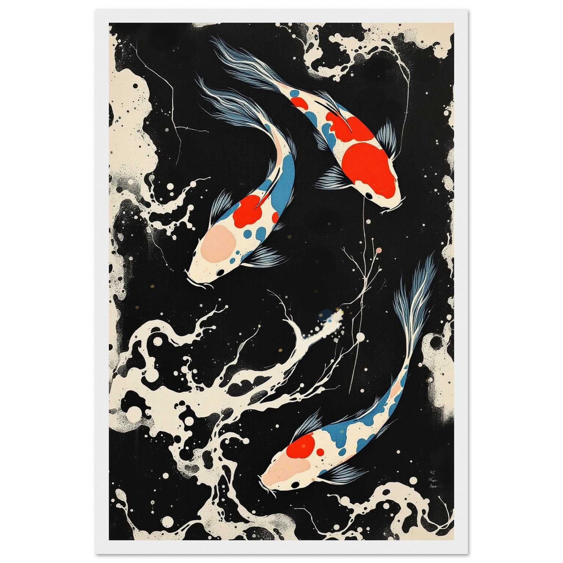 Modern Black White Koi Fish Ocean Art Print 30x45 cm 12x18″ Museum-Quality Matte Paper Wooden Framed Poster White Wood Frame