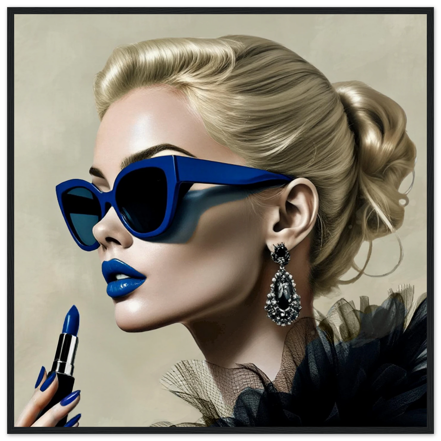 Retro Fashion Model Blue Lipstick Art Print 70x70 cm 28x28″ Museum-Quality Matte Paper Wooden Framed Poster