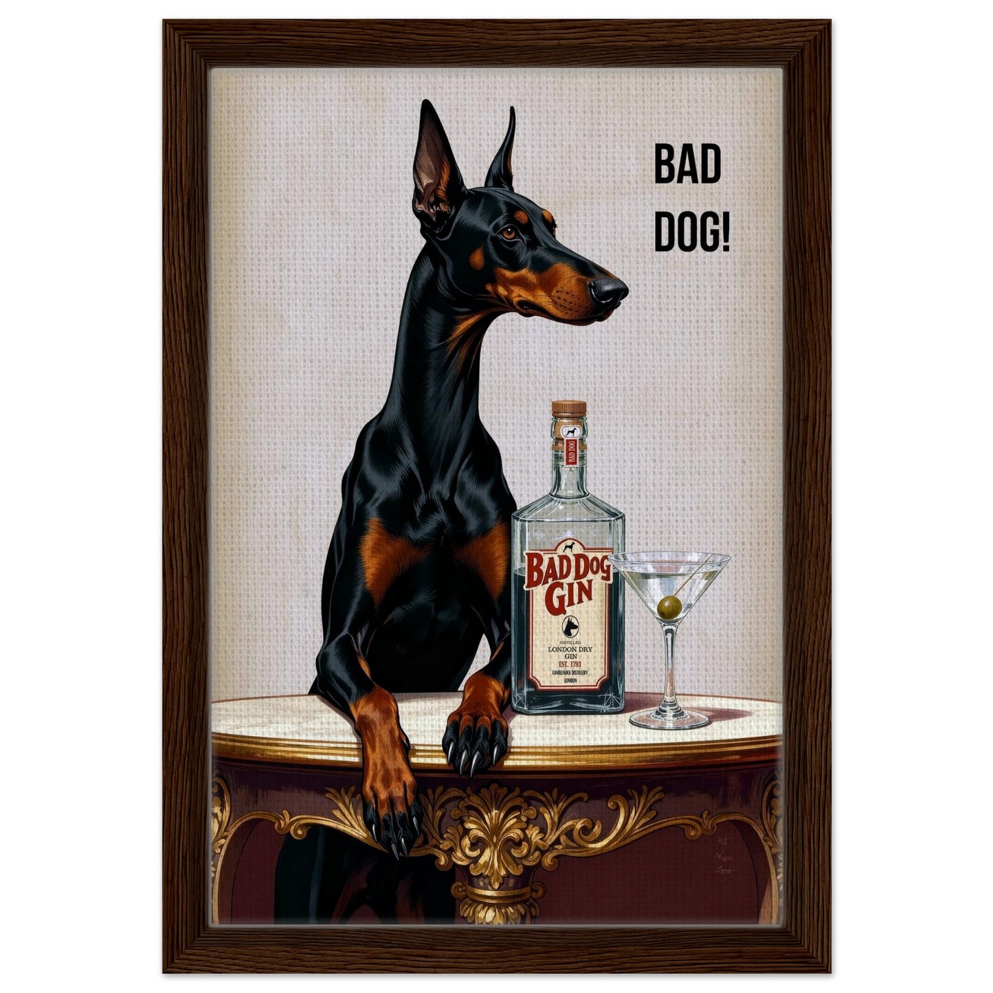 Bad Dog Gin Cocktail Bar Art Print 30x45 cm 12x18″ Framed Canvas Dark Brown Wood Frame
