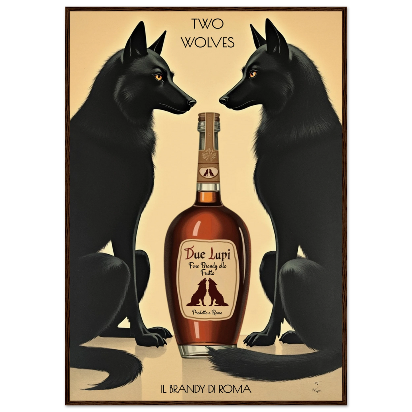 Two Wolves Italian Cocktail Bar Art Print 70x100 cm 28x40″ Museum-Quality Matte Paper Wooden Framed Poster Dark Brown Wood Frame