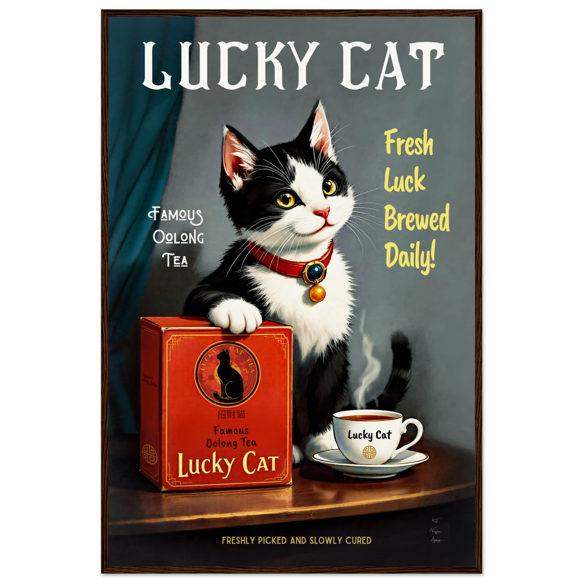 Lucky Tuxedo Cat Tea Kitchen Art Print 60x90 cm 24x36″ Museum-Quality Matte Framed Poster Dark Brown Wood Frame