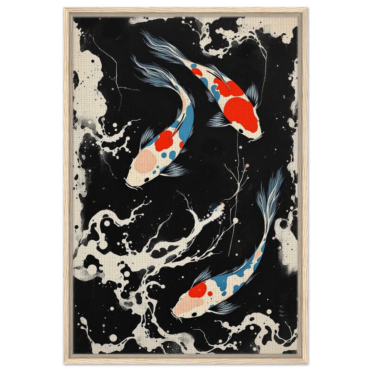 Modern Black White Koi Fish Ocean Art Print 60x90 cm 24x36″ Framed Canvas Light Wood Frame
