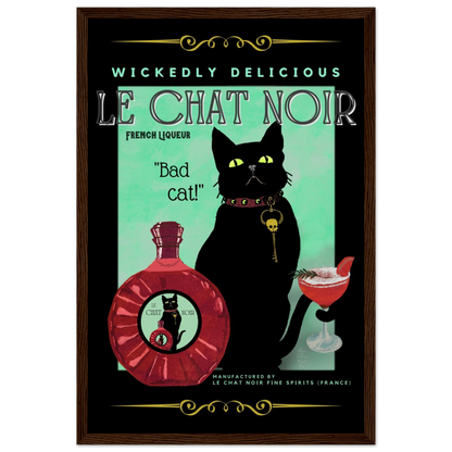 Black Cat Cocktail French Art Deco Print 30x45 cm 12x18″ Premium Matte Paper Wooden Framed Poster Dark Brown Wood Frame