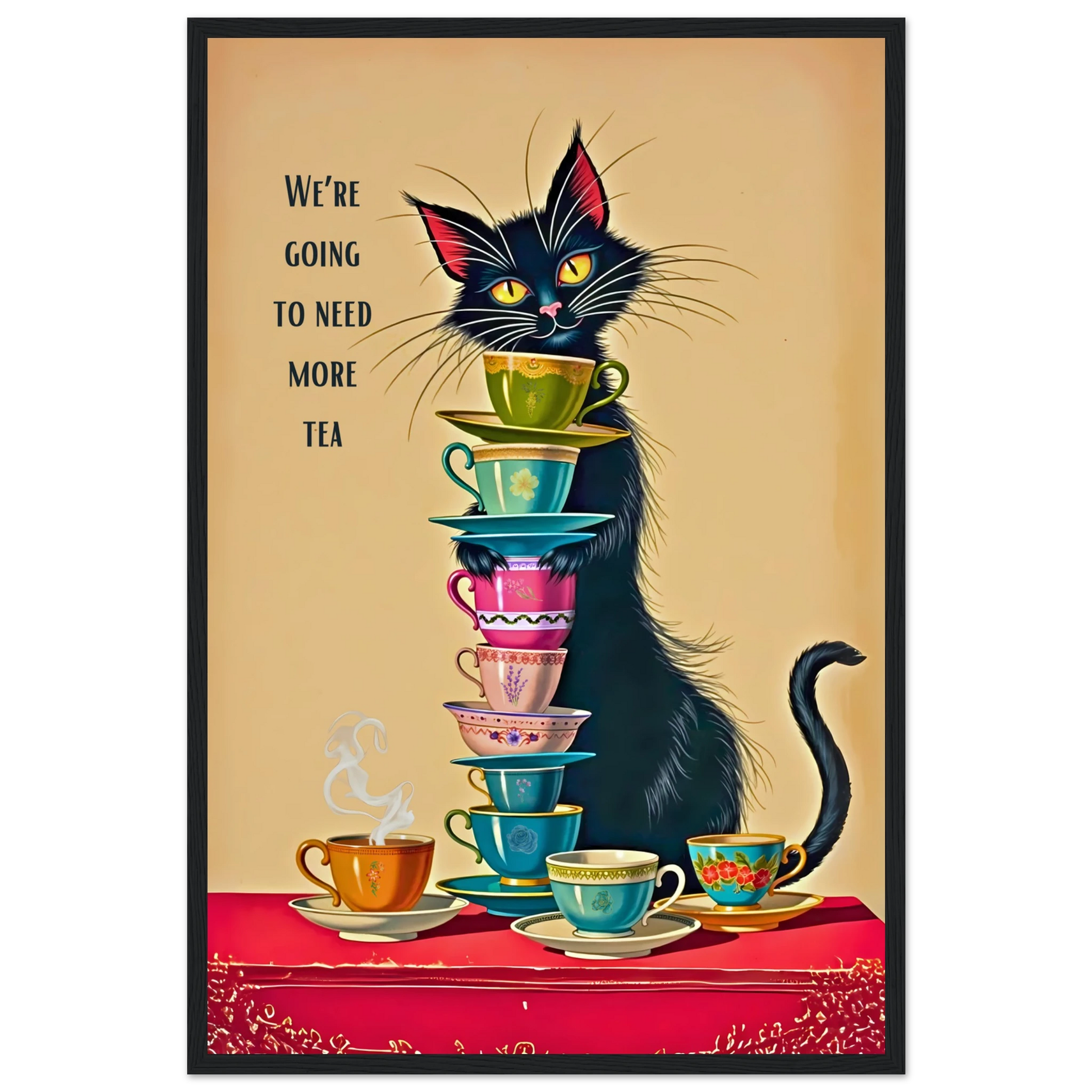 Quirky Cat Funny Tea Art Print 40x60 cm 16x24″ Premium Matte Paper Wooden Framed Poster Black Wood frame