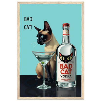 Siamese Cat Retro Martini Cocktail Bar Art Print Light Wood Frame 30x45 cm 12x18″ Premium Matte Paper Wooden Framed Poster