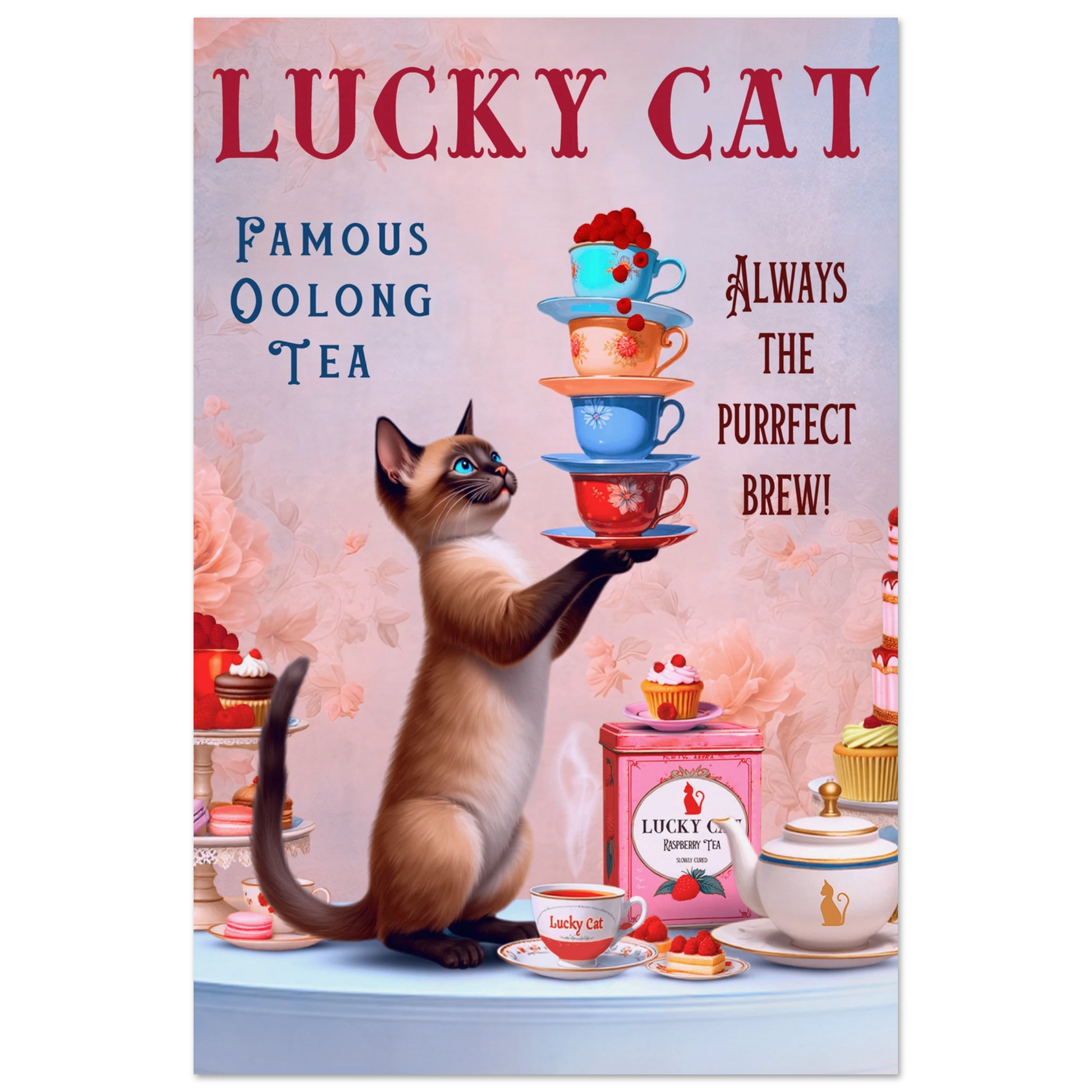 Siamese Lucky Cat Vintage Tea Art Print 40x60 cm 16x24″ Museum-Quality Matte Paper Poster No Frame