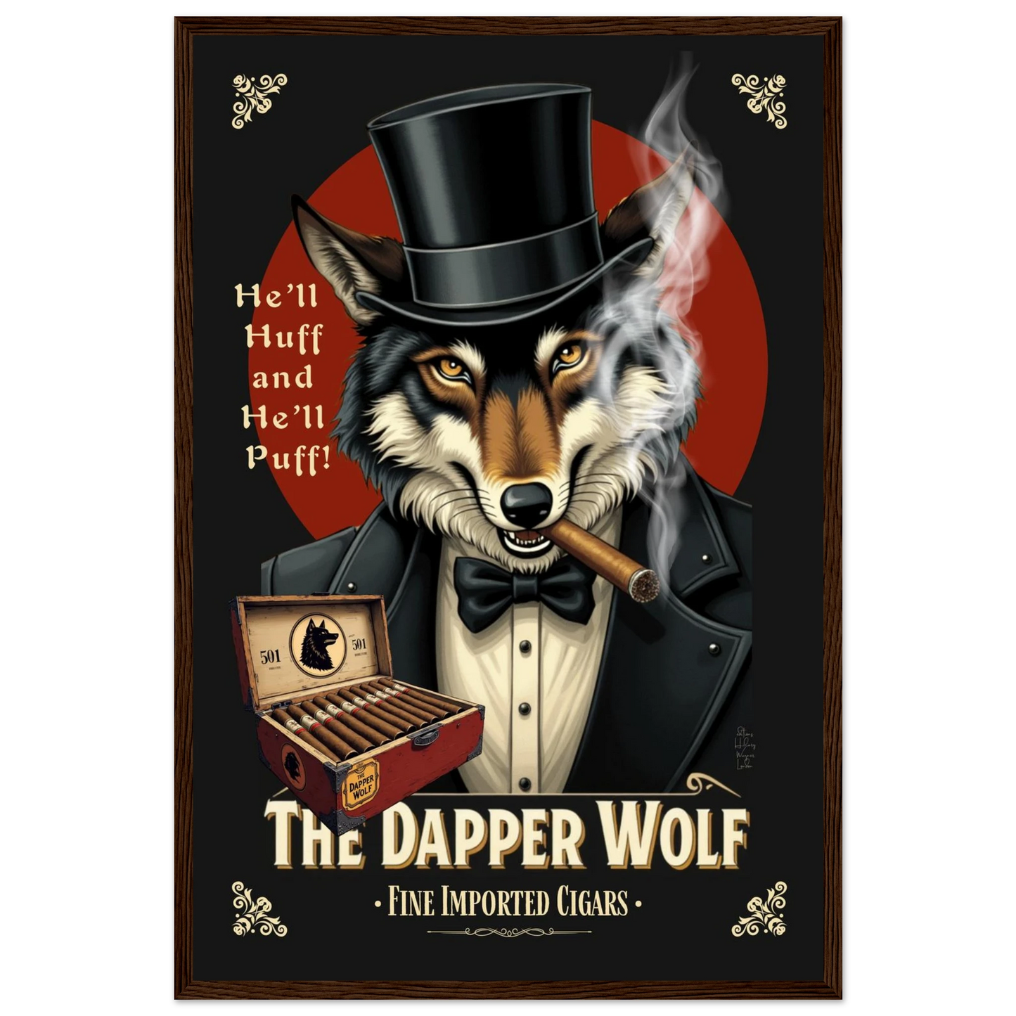 Smoking Wolf Retro Cigar Art Print 40x60 cm 16x24″ Premium Matte Paper Wooden Framed Poster Dark Brown Wood Frame