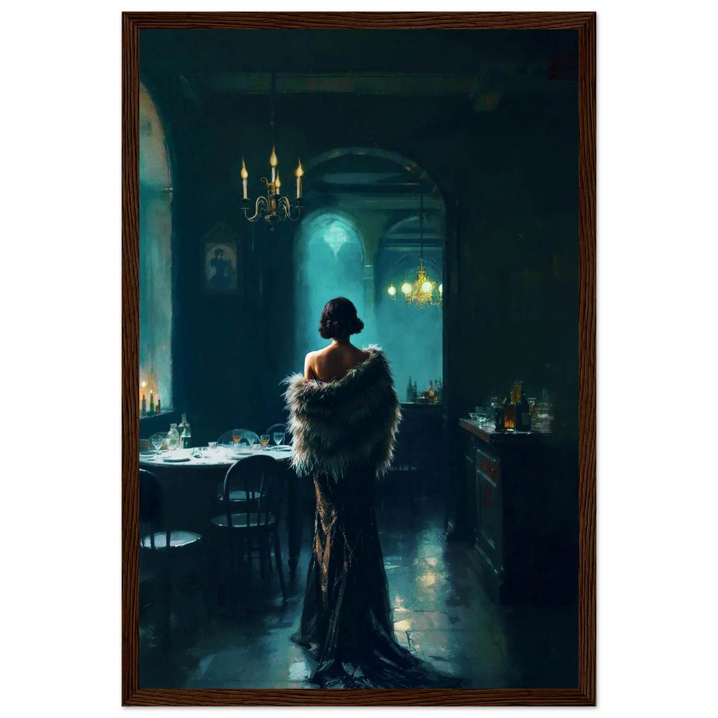 Moody Speakeasy Flapper Bar Art Print Dark Brown Wood Frame 30x45 cm 12x18″ Classic Matte Framed Poster