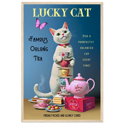 White Lucky Cat Tea Vintage Fine Art Print Light Wood Frame 40x60 cm 16x24″ Museum-Quality Matte Paper Wooden Framed Poster