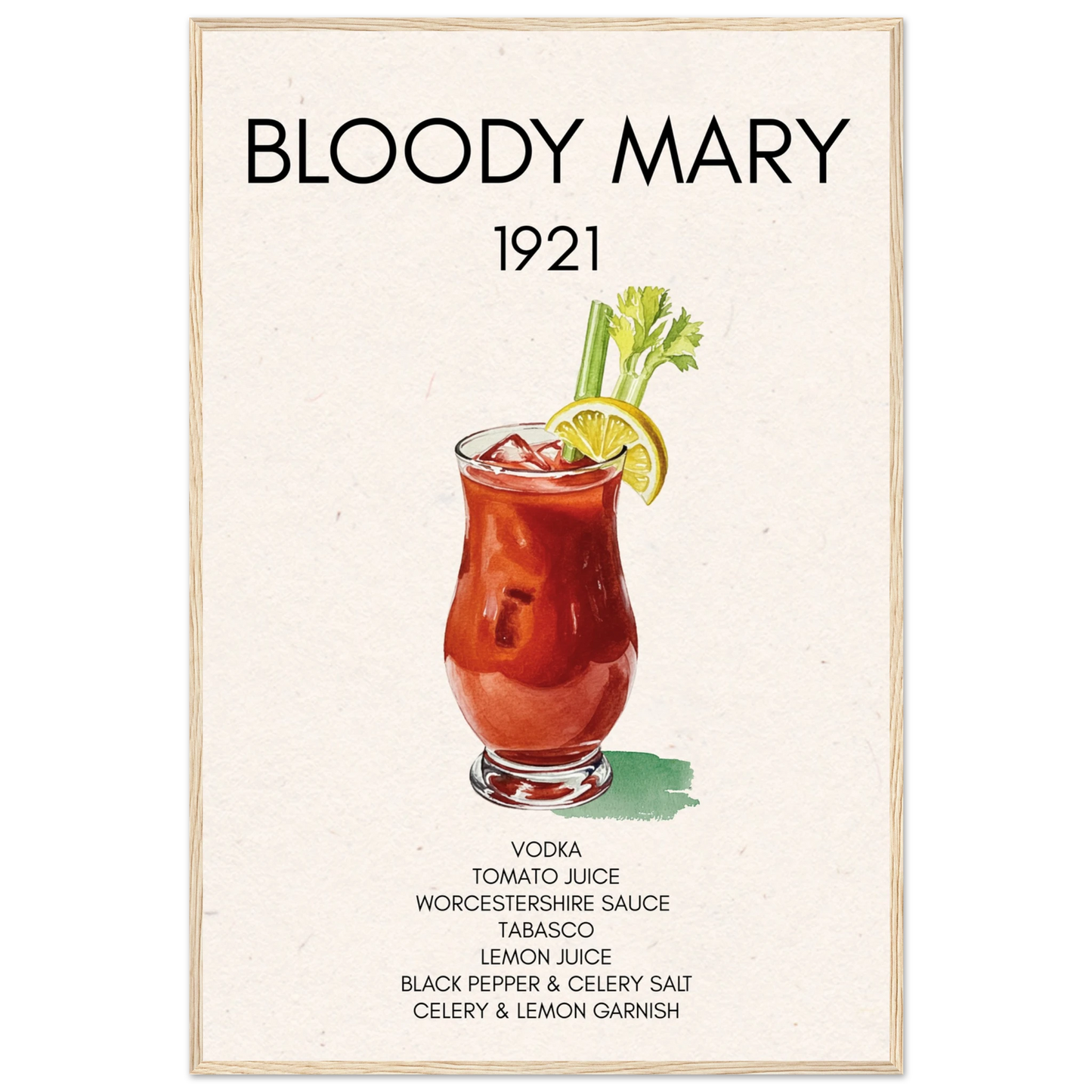Bloody Mary Cocktail Bar Poster Print Light Wood Frame 60x90 cm 24x36″ Classic Matte Paper Wooden Framed Poster