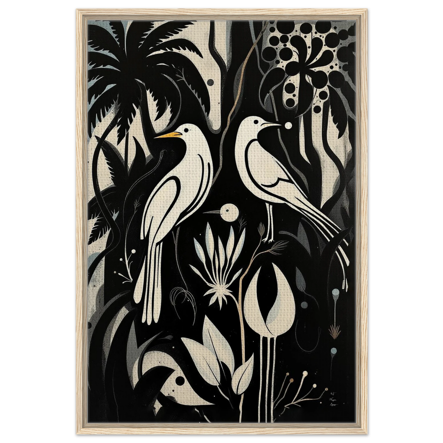 Black & White Minimalist Bird Art Print Light Wood Frame 60x90 cm 24x36″ Framed Canvas