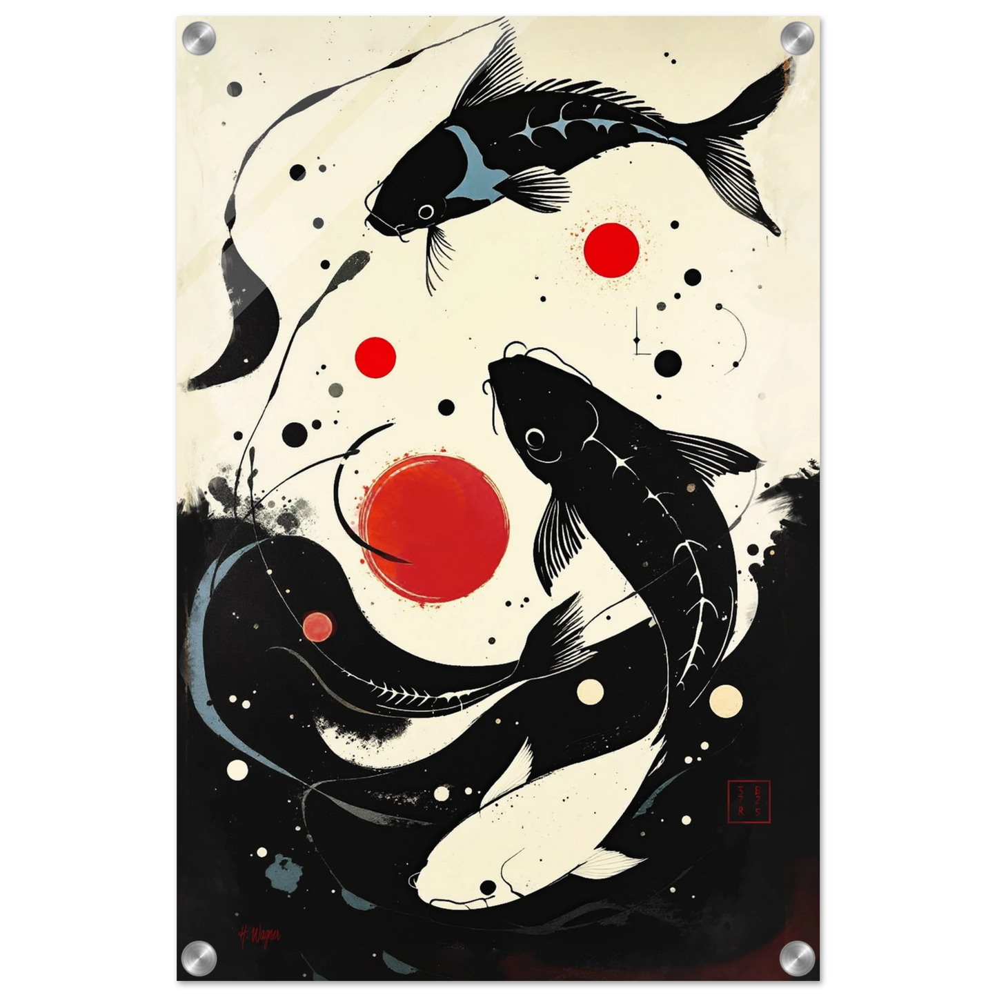 Mid-Century Modern Koi Fish Art Poster Print – Framed Abstract Black White Wall Décor 40x60 cm 16x24″ Sleek Acrylic Print No Frame