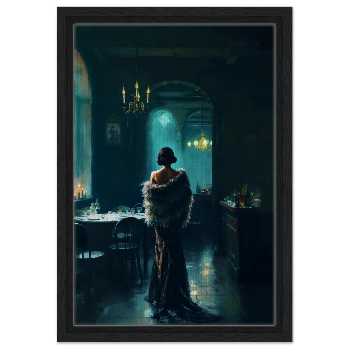 Moody Speakeasy Flapper Bar Art Print 30x45 cm 12x18″ Framed Canvas Black Wood Frame