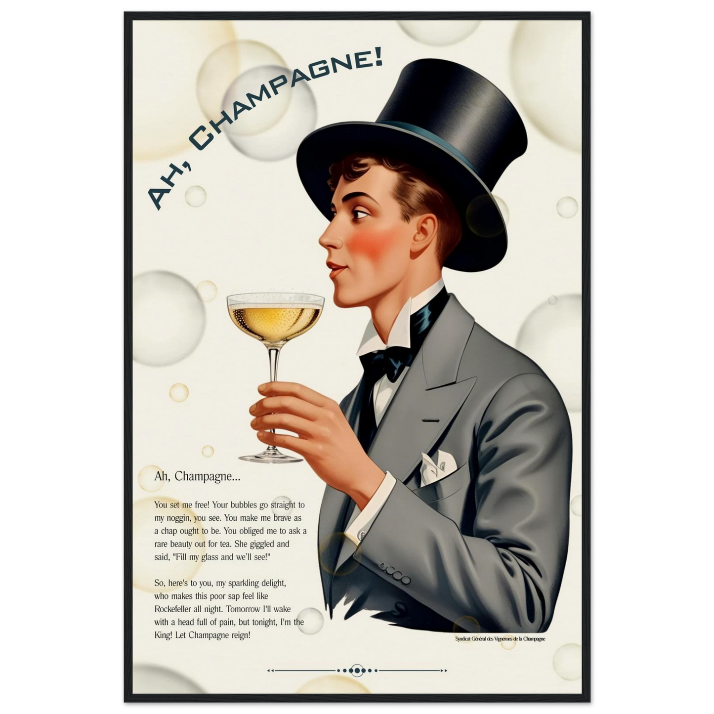 Art Deco Champagne Funny Poem Art Print 60x90 cm 24x36″ Museum-Quality Matte Paper Wooden Framed Poster Black Wood Frame