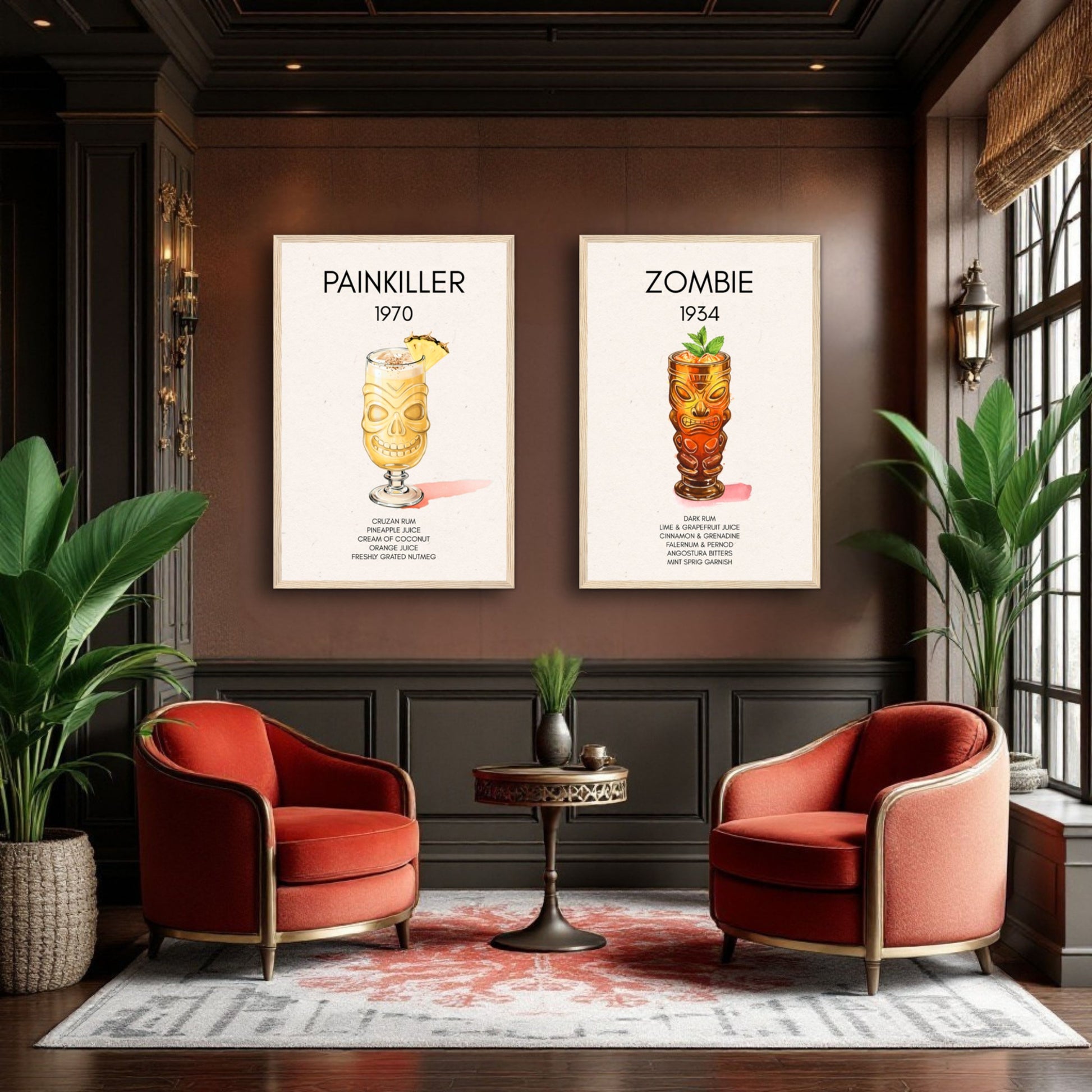 Zombie Tiki Cocktail Bar Poster Print Dark Brown Wood Frame 30x45 cm 12x18″ Framed Canvas