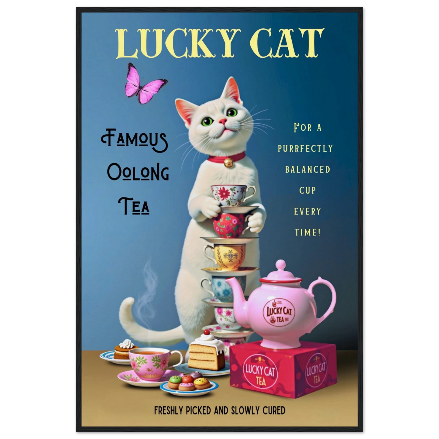 White Lucky Cat Tea Vintage Fine Art Print Black Wood Frame 60x90 cm 24x36″ Museum-Quality Matte Paper Wooden Framed Poster