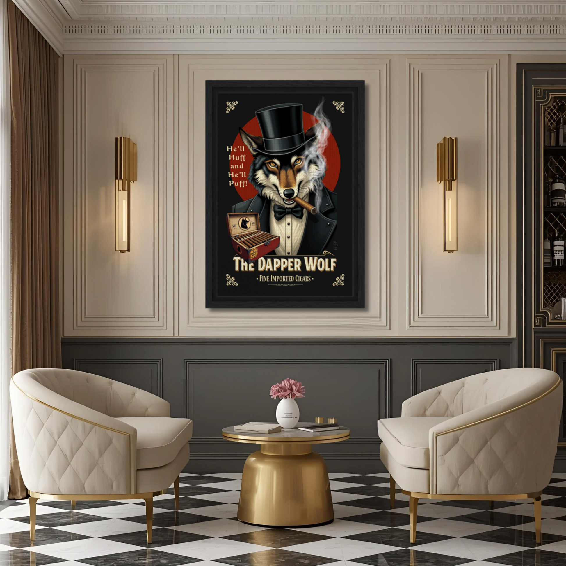 Smoking Wolf Retro Cigar Art Print 30x45 cm 12x18″ Premium Matte Paper Wooden Framed Poster Dark Brown Wood Frame