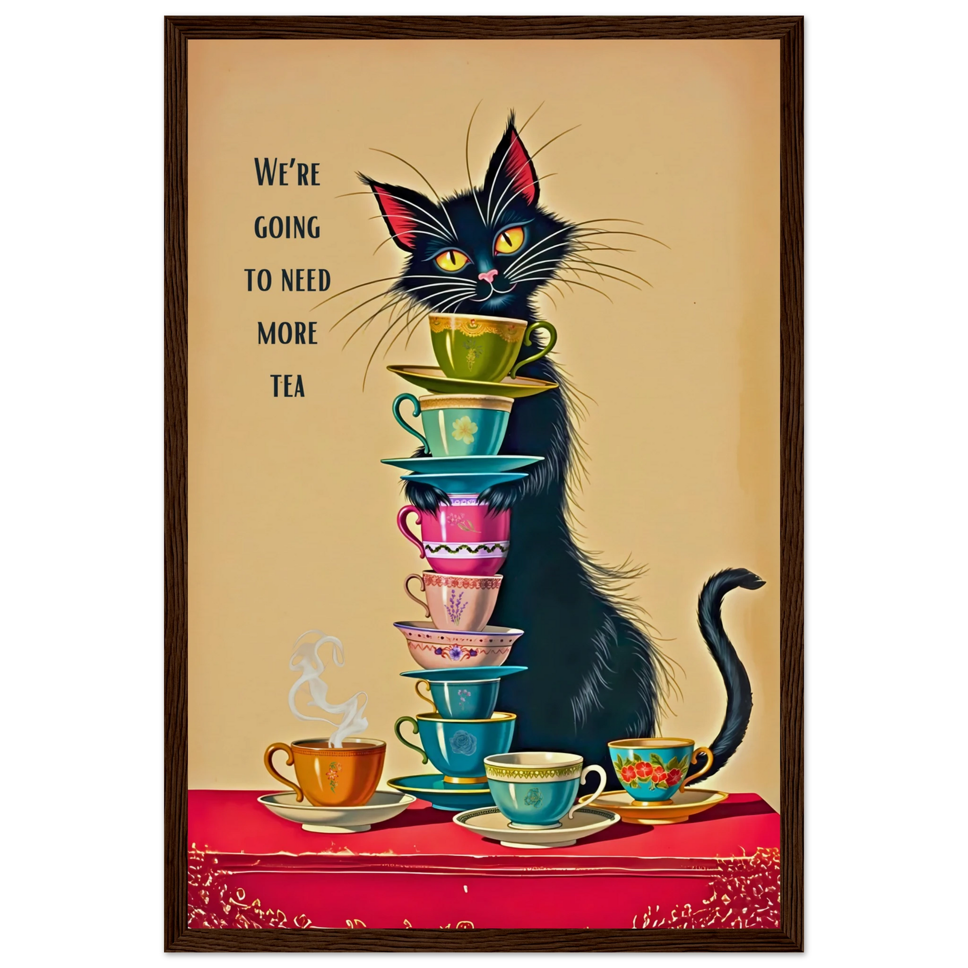 Quirky Cat Funny Tea Art Print 30x45 cm 12x18″ Museum-Quality Matte Paper Wooden Framed Poster Dark Brown Wood Frame