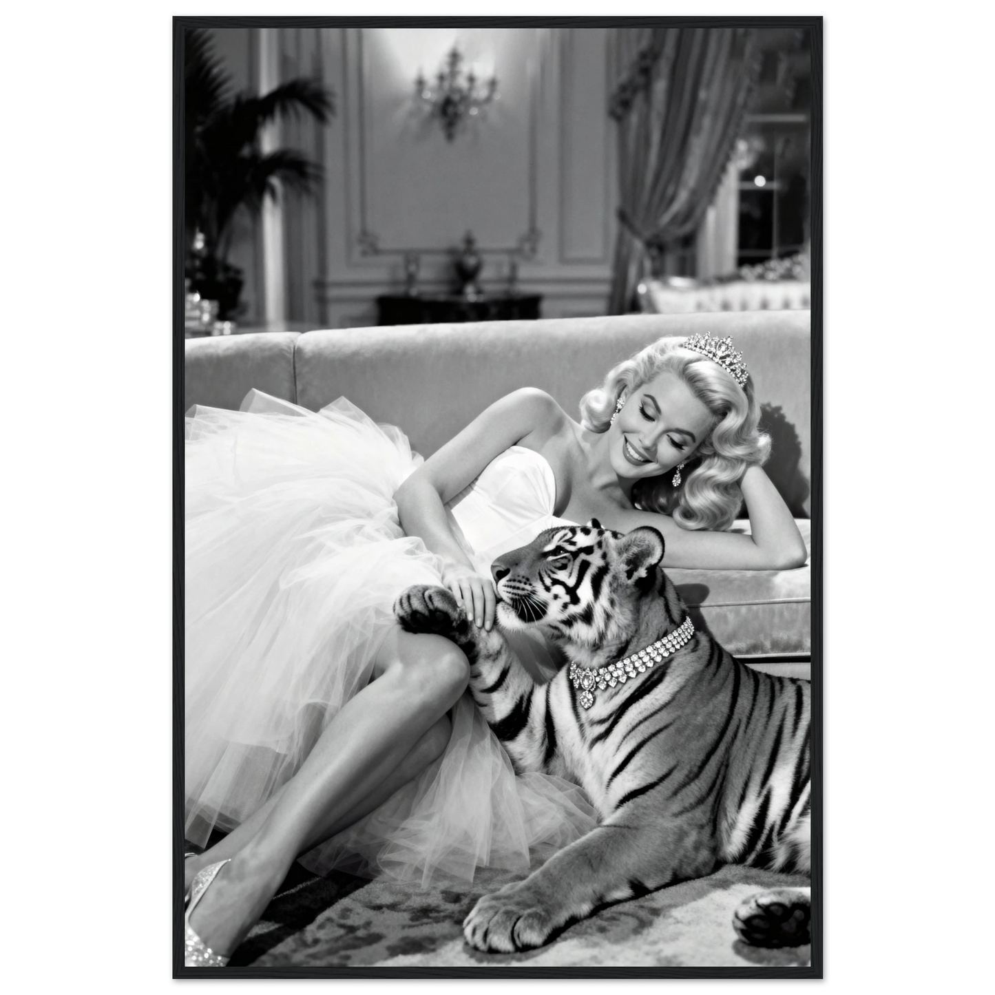 Vintage Hollywood Starlet Tiger Art Print 60x90 cm 24x36″ Premium Matte Framed Poster - Black Wood