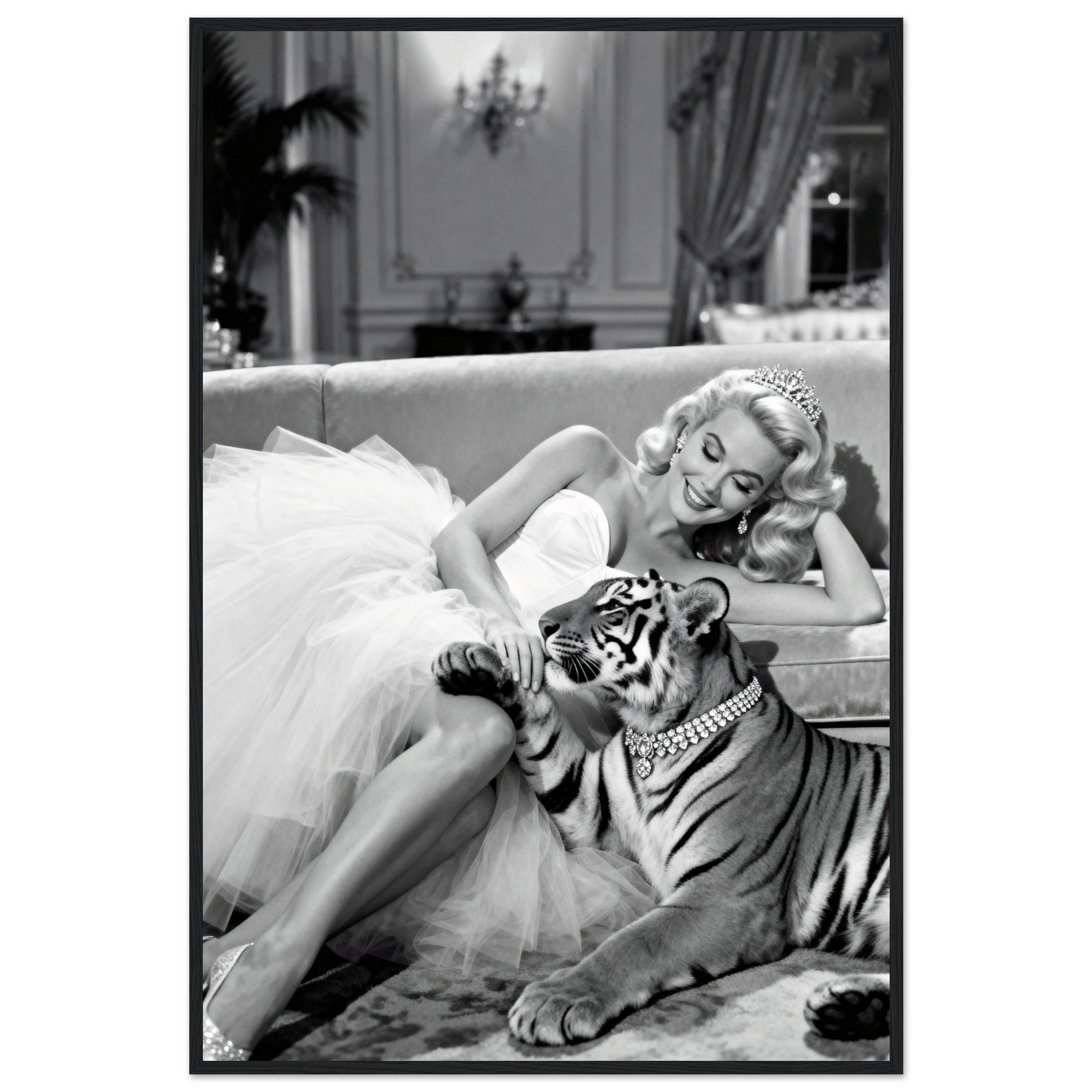 Vintage Hollywood Starlet Tiger Art Print 60x90 cm 24x36″ Premium Matte Framed Poster - Black Wood