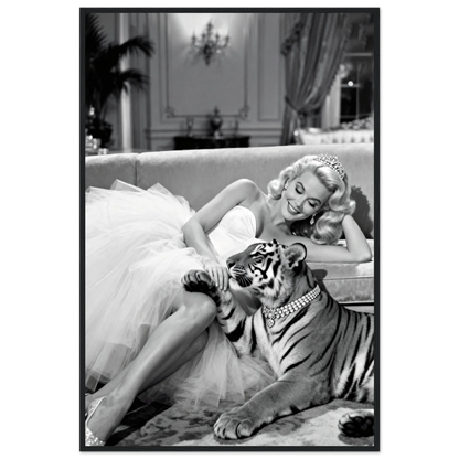 Vintage Hollywood Starlet Tiger Art Print 60x90 cm 24x36″ Premium Matte Framed Poster - Black Wood