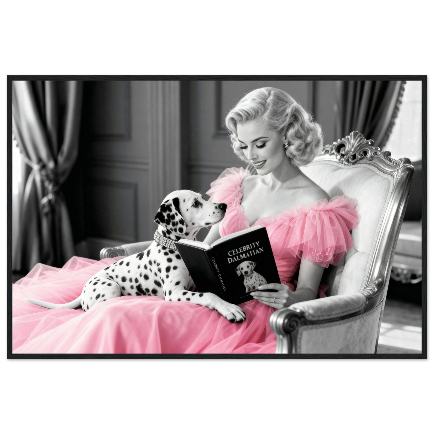 Hollywood Starlet Dalmatian Puppy Art Print 60x90 cm 24x36″ Premium Matte Framed Poster - Black Wood
