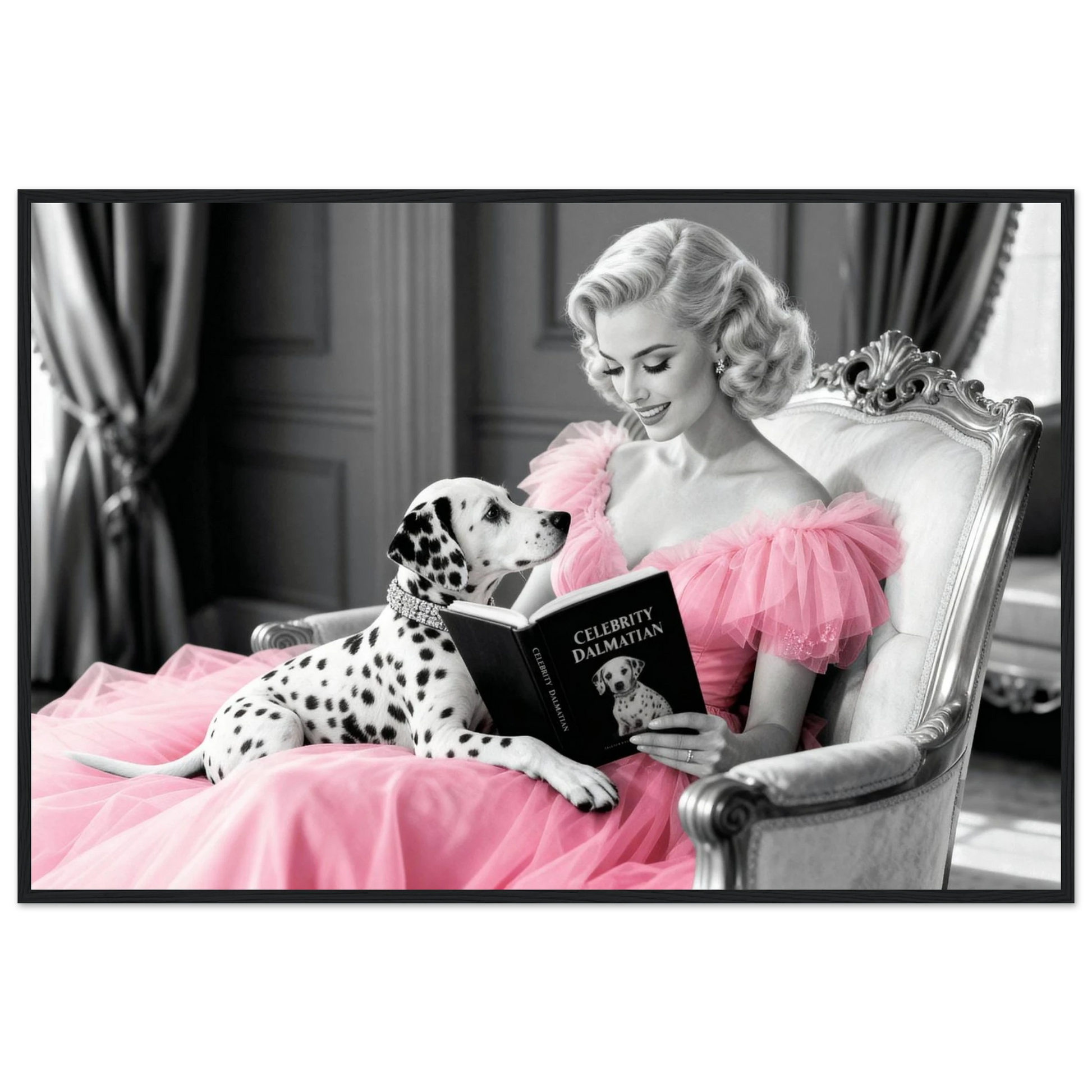 Hollywood Starlet Dalmatian Puppy Art Print 60x90 cm 24x36″ Premium Matte Framed Poster - Black Wood