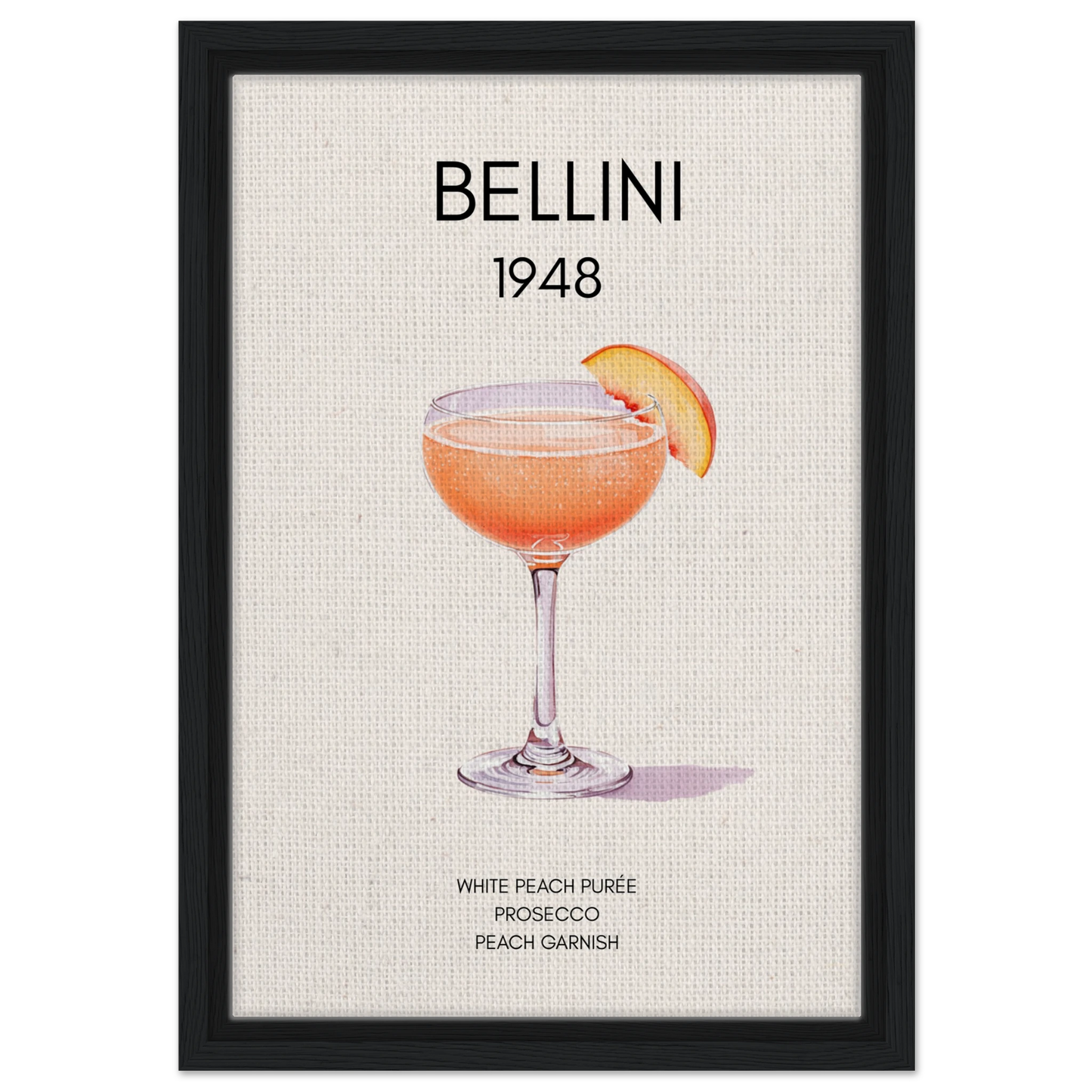 Italian Bellini Cocktail Bar Poster Print 30x45 cm 12x18″ Framed Canvas Black Wood Frame