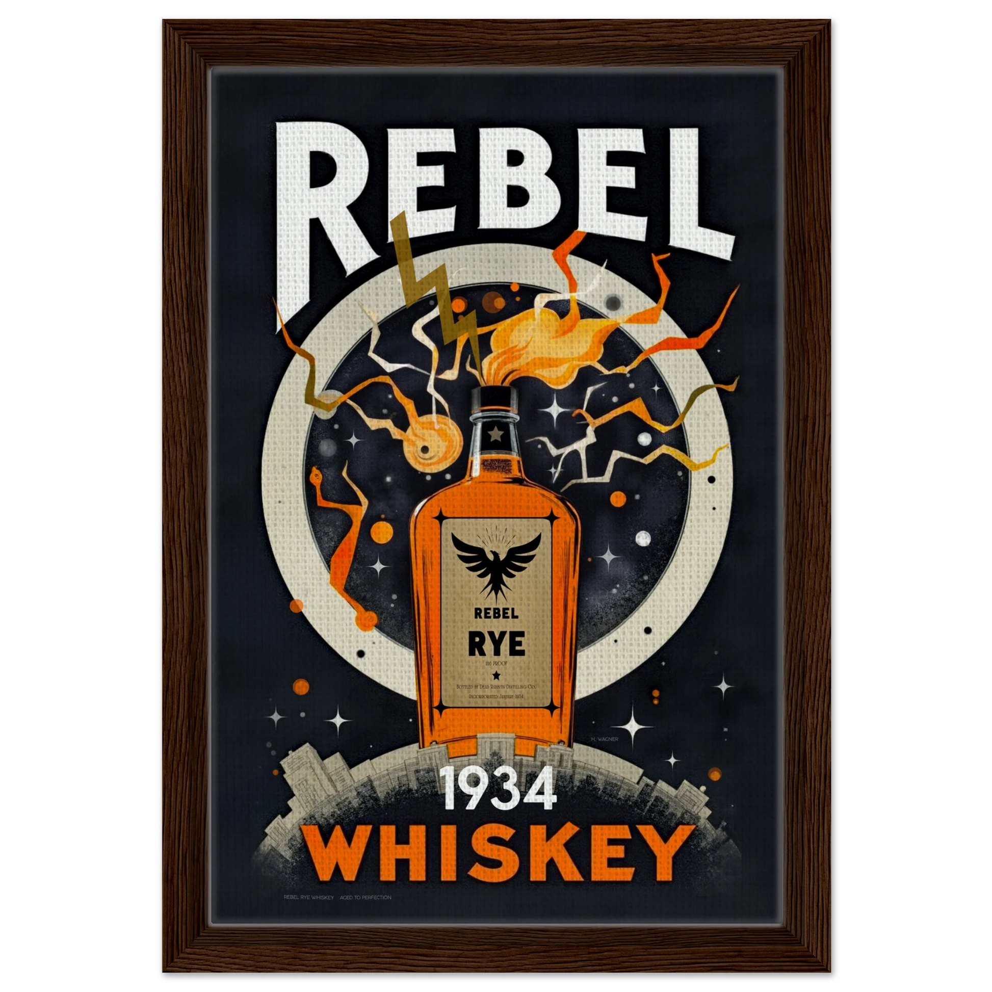 Rebel Whiskey Cocktail Bar Poster Print Dark wood frame 30x45 cm 12x18″ Framed Canvas