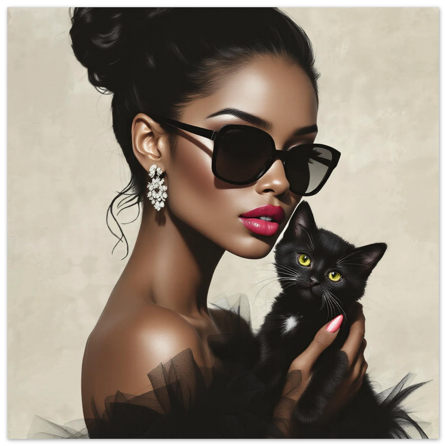 Retro Glam Fashion Model Kitten Art Print Museum-Quality Matte Paper Poster 70x70 cm 28x28″