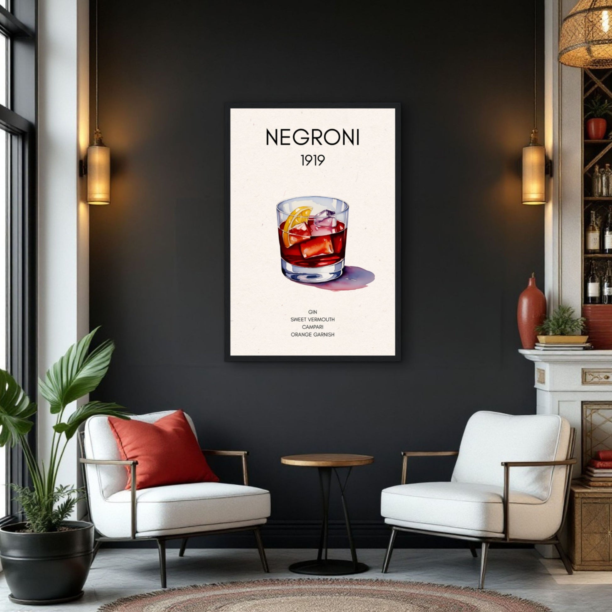 Negroni Cocktail Bar Poster Print Dark Brown Wood Frame 60x90 cm 24x36″ Classic Matte Paper Wooden Framed Poster