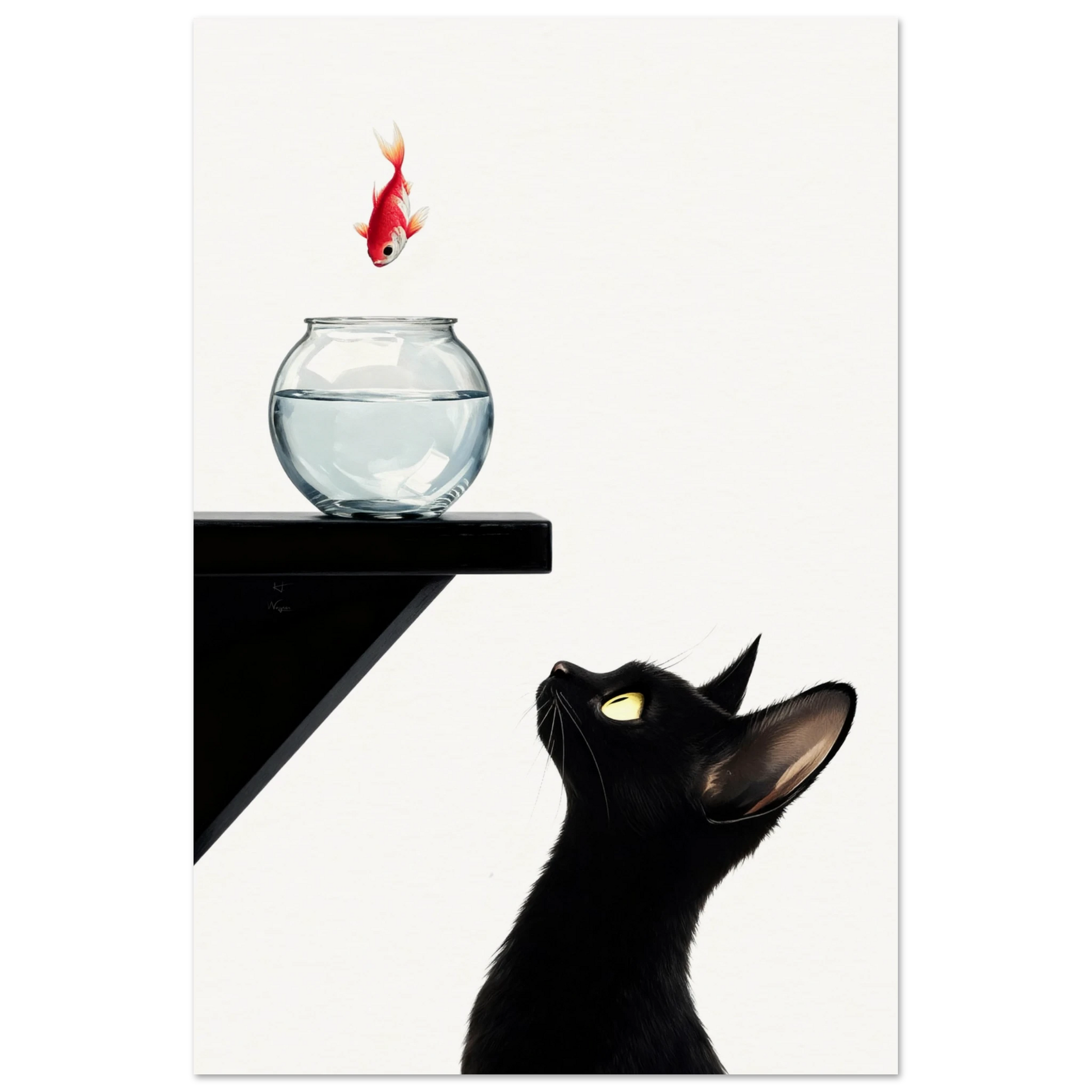 Curious Black Cat Goldfish Minimalist Art Print 30x45 cm 12x18″ Museum-Quality Matte Poster