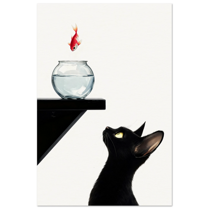 Curious Black Cat Goldfish Minimalist Art Print 30x45 cm 12x18″ Museum-Quality Matte Poster