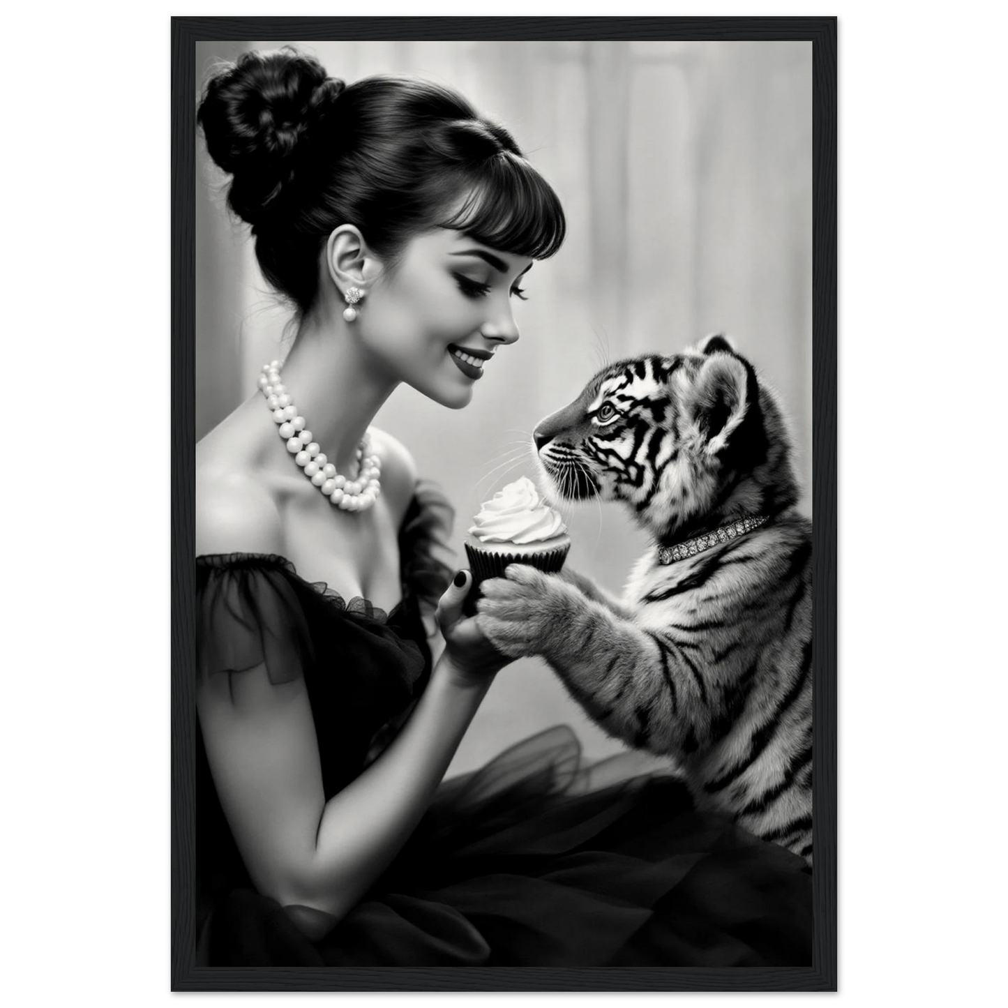 Audrey Hepburn Tiger Cub Art Print Black Wood Frame 30x45 cm 12x18″ Museum-Quality Matte Paper Wooden Framed Poster