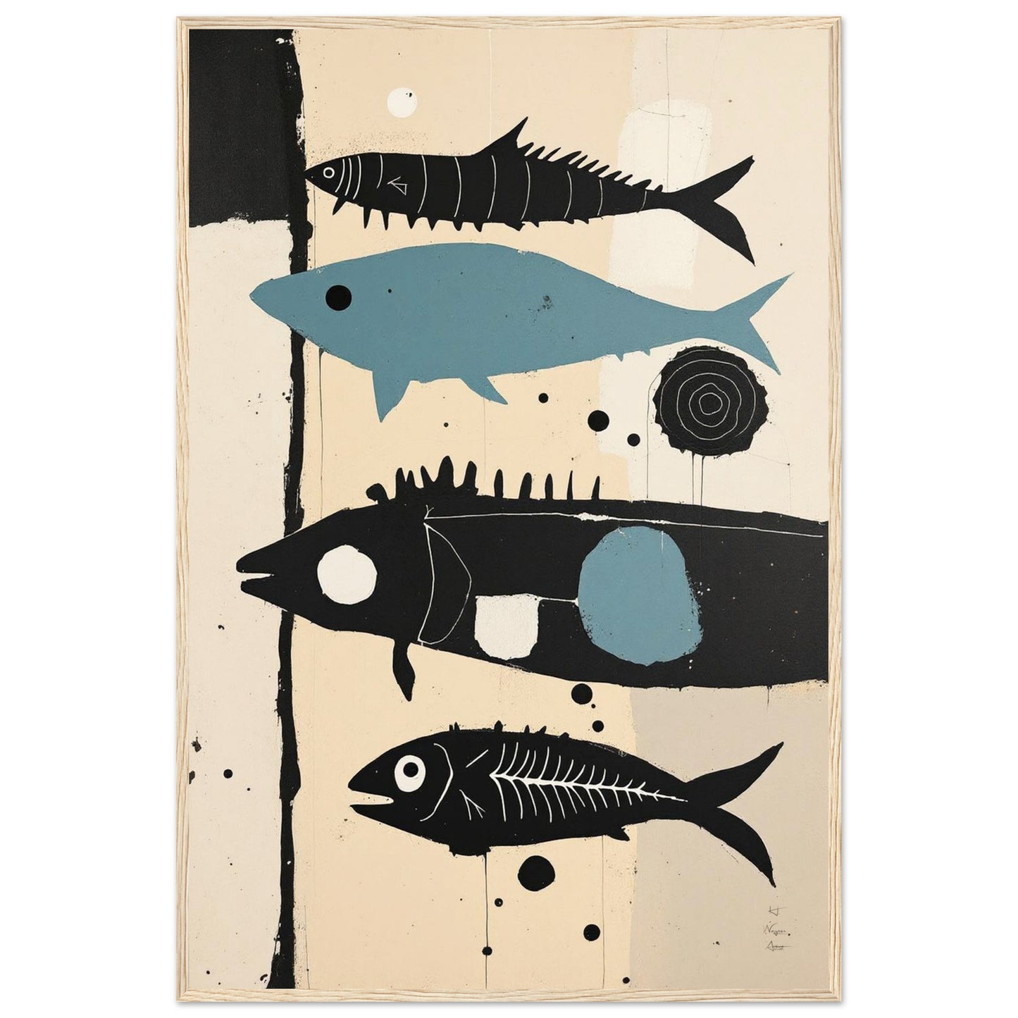 Mid-Century Modern Fish Art Poster Print – Framed Abstract Neutral Wall Decor Light Wood Frame 60x90 cm 24x36″ Premium Matte Wooden Framed Poster