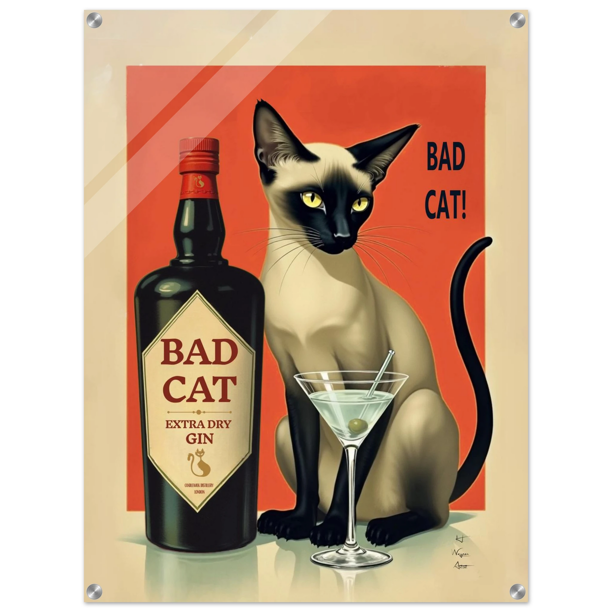 Siamese Cat Gin Martini Cocktail Art Print 60x80 cm 24x32″ Sleek Acrylic Print No Frame