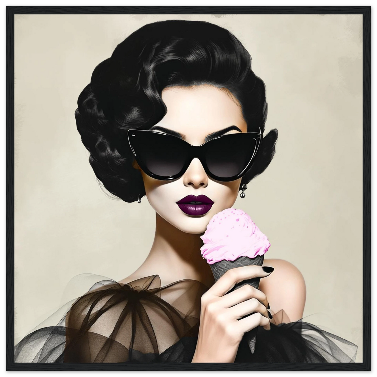 Retro Fashion Model Ice Cream Art Print 50x50 cm 20x20″ Premium Matte Wooden Framed Poster