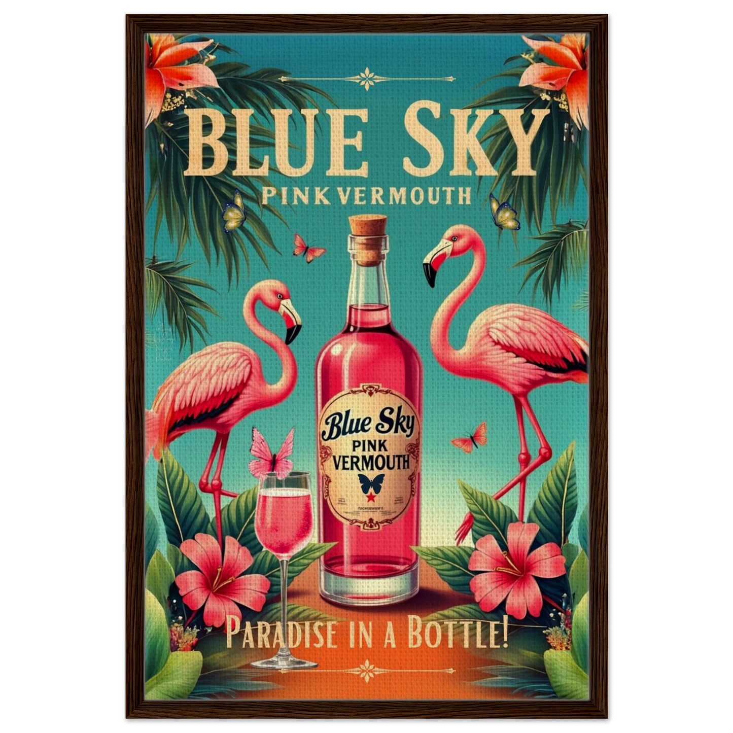 Vintage Pink Flamingo Tiki Bar Art Print 60x90 cm 24x36″ Framed Canvas Dark Brown Wood Frame