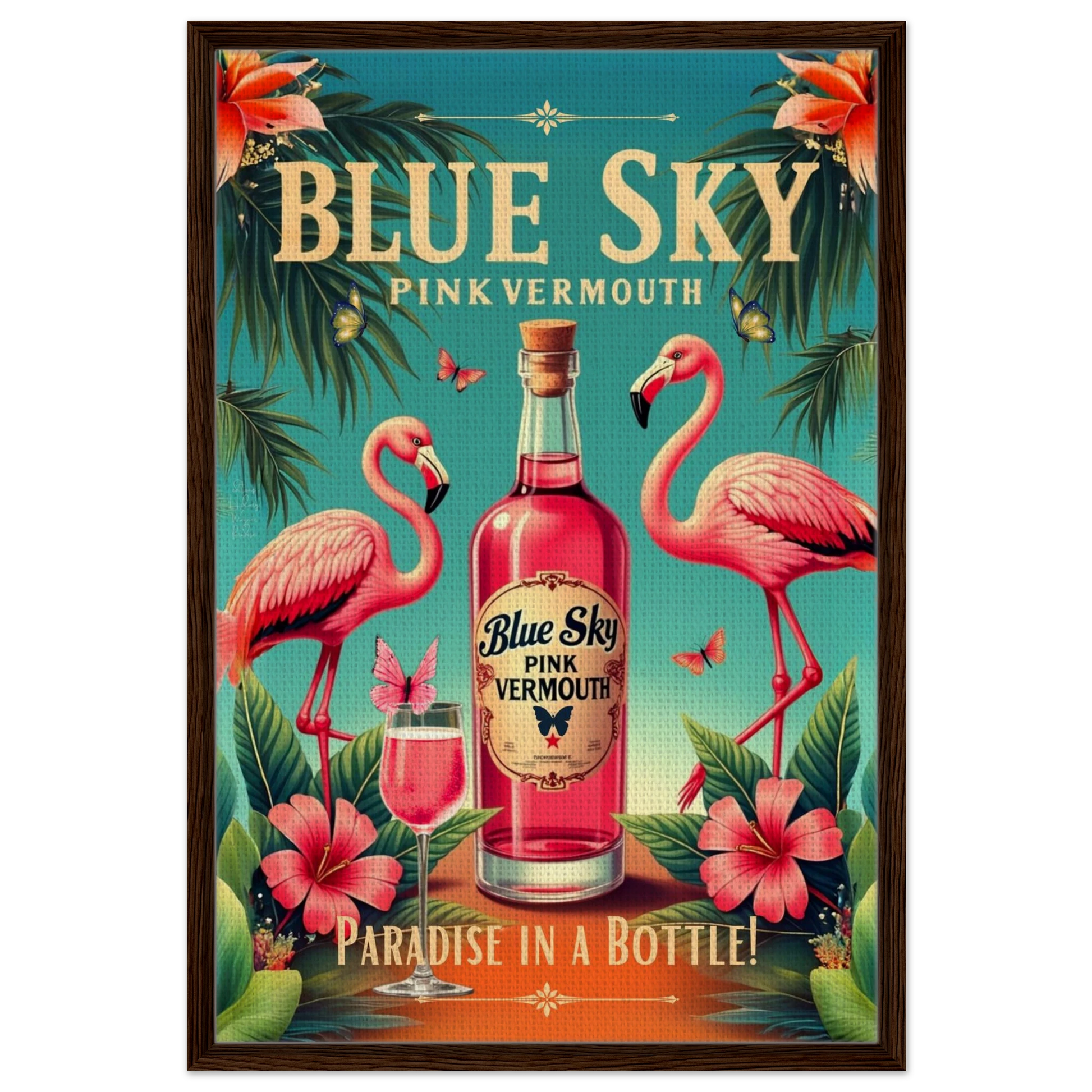 Vintage Pink Flamingo Tiki Bar Art Print 60x90 cm 24x36″ Framed Canvas Dark Brown Wood Frame