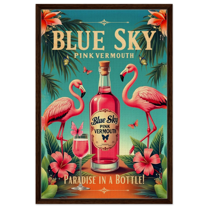 Vintage Pink Flamingo Tiki Bar Art Print 60x90 cm 24x36″ Framed Canvas Dark Brown Wood Frame