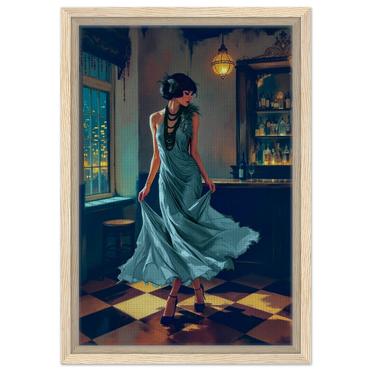 1920s Moonlit Flapper Speakeasy Art Print 30x45 cm 12x18″ Framed Canvas Light Wood Frame