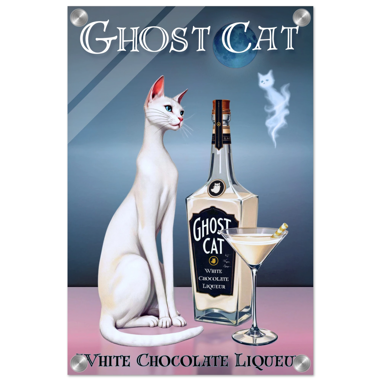 White Cat Martini Cocktail Bar Art Print 30x45 cm 12x18″ Sleek Acrylic Print No Frame