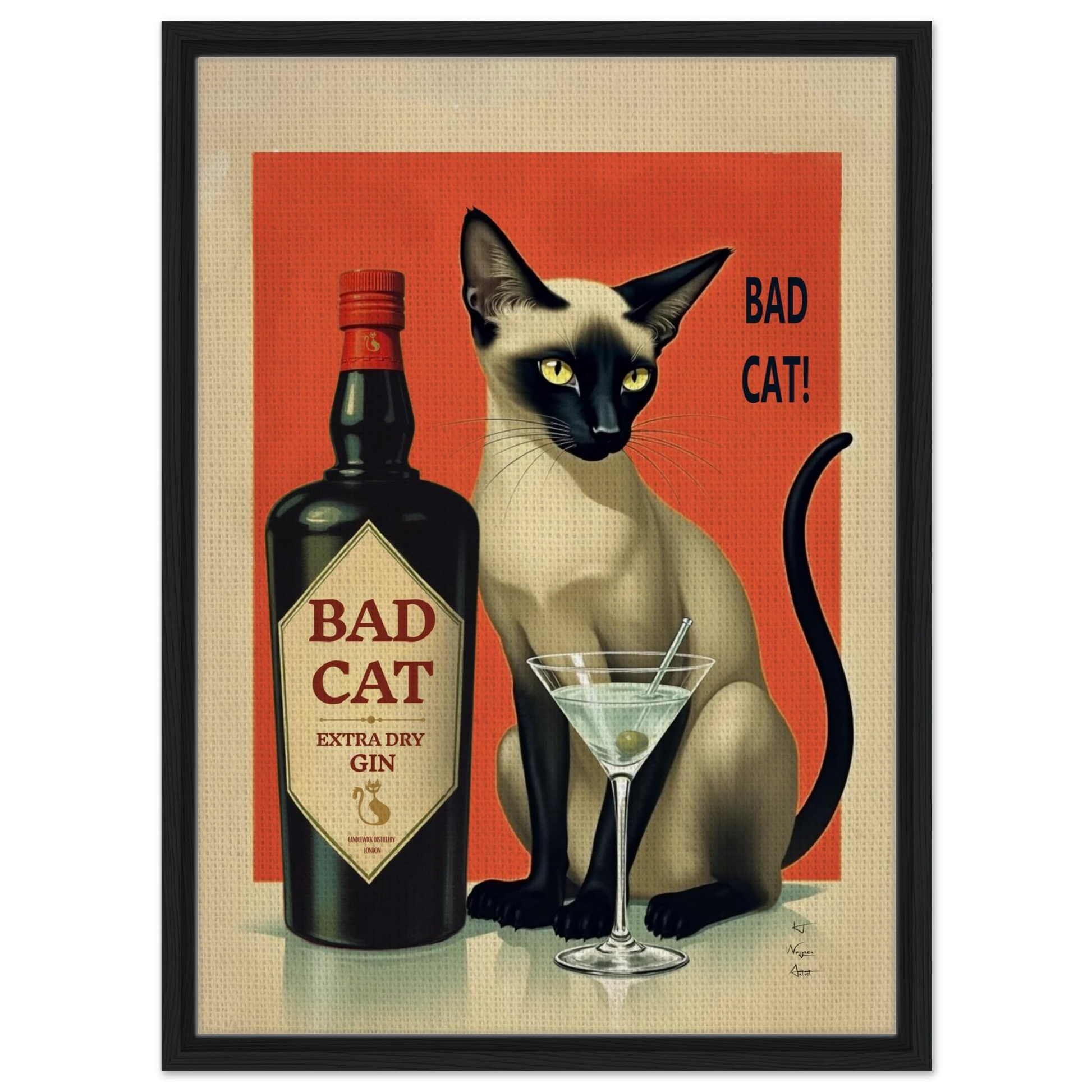 Siamese Cat Gin Martini Cocktail Art Print 50x70 cm 20x28″ Framed Canvas Black Wood Frame