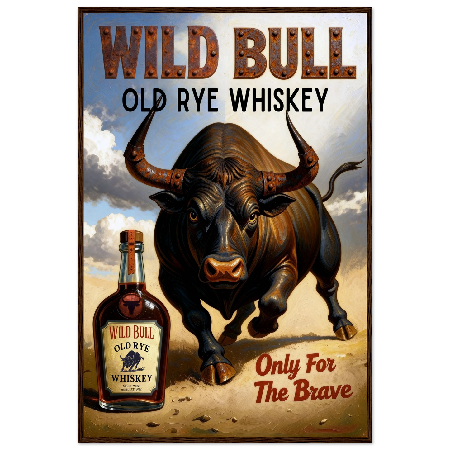 Wild Bull Old West Rye Whiskey Poster Print 60x90 cm 24x36″ Premium Matte Framed Poster Dark Brown Wood Frame