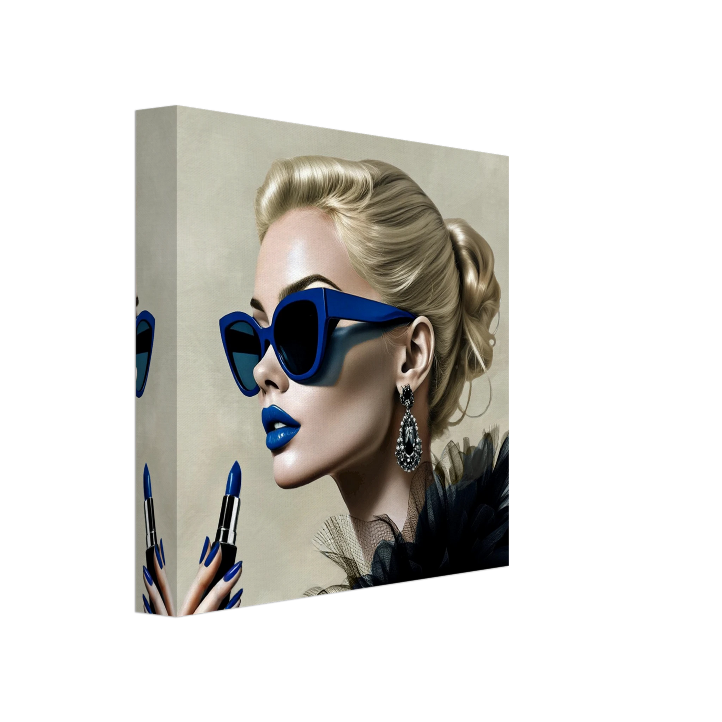 Retro Fashion Model Blue Lipstick Art Print 20x20 cm 8x8″ Gallery Wrapped Canvas