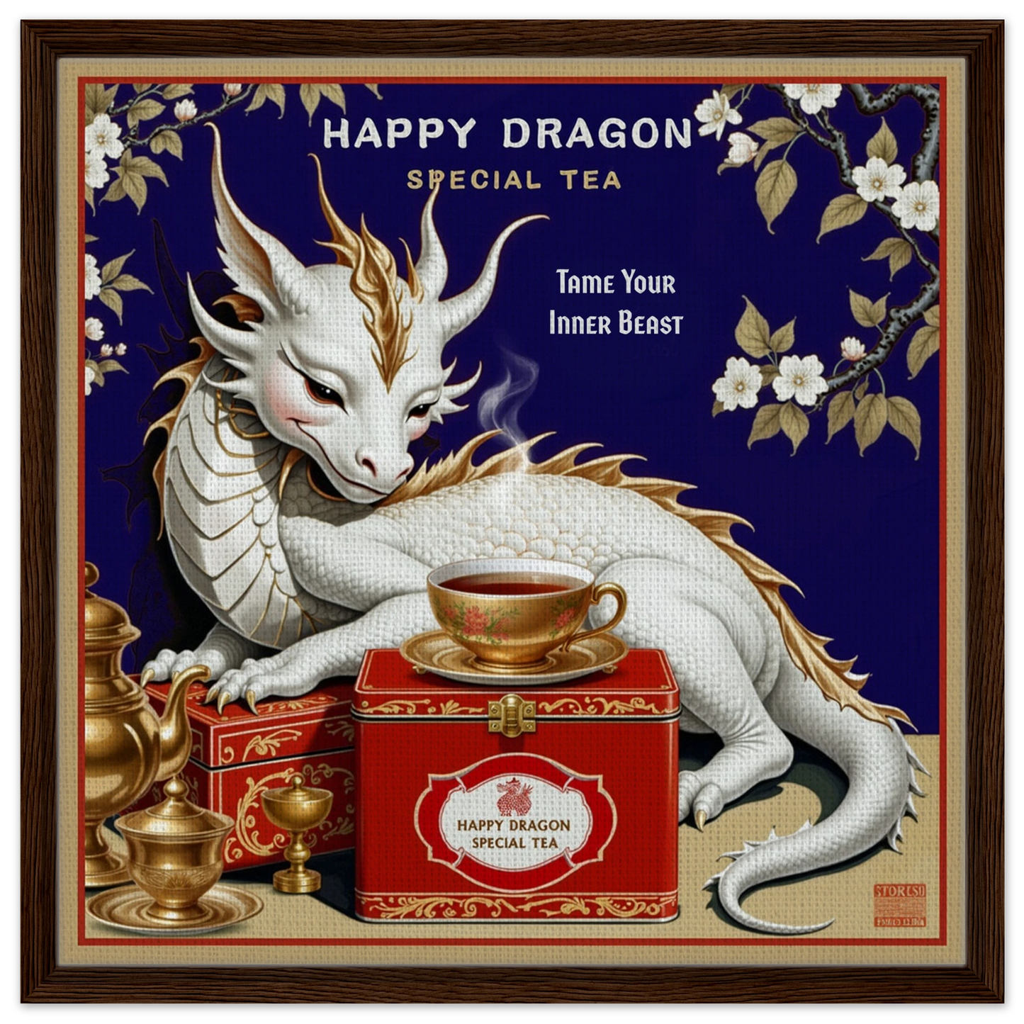 Happy Dragon Tea Art Print 60x60 cm 24x24″ Framed Canvas Dark Brown Wood Frame