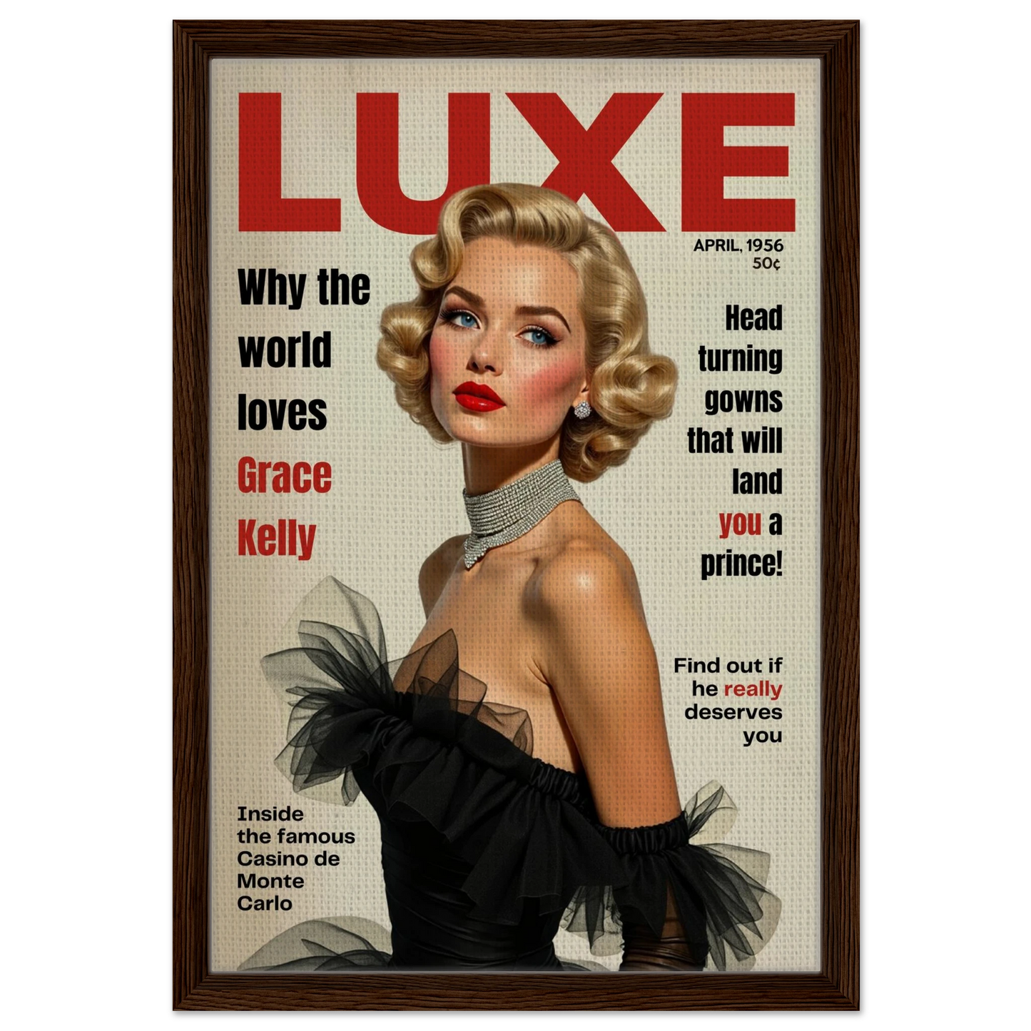 Grace Kelly Hollywood Glam Magazine Art Print Dark Brown Wood Frame 40x60 cm 16x24″ Framed Canvas