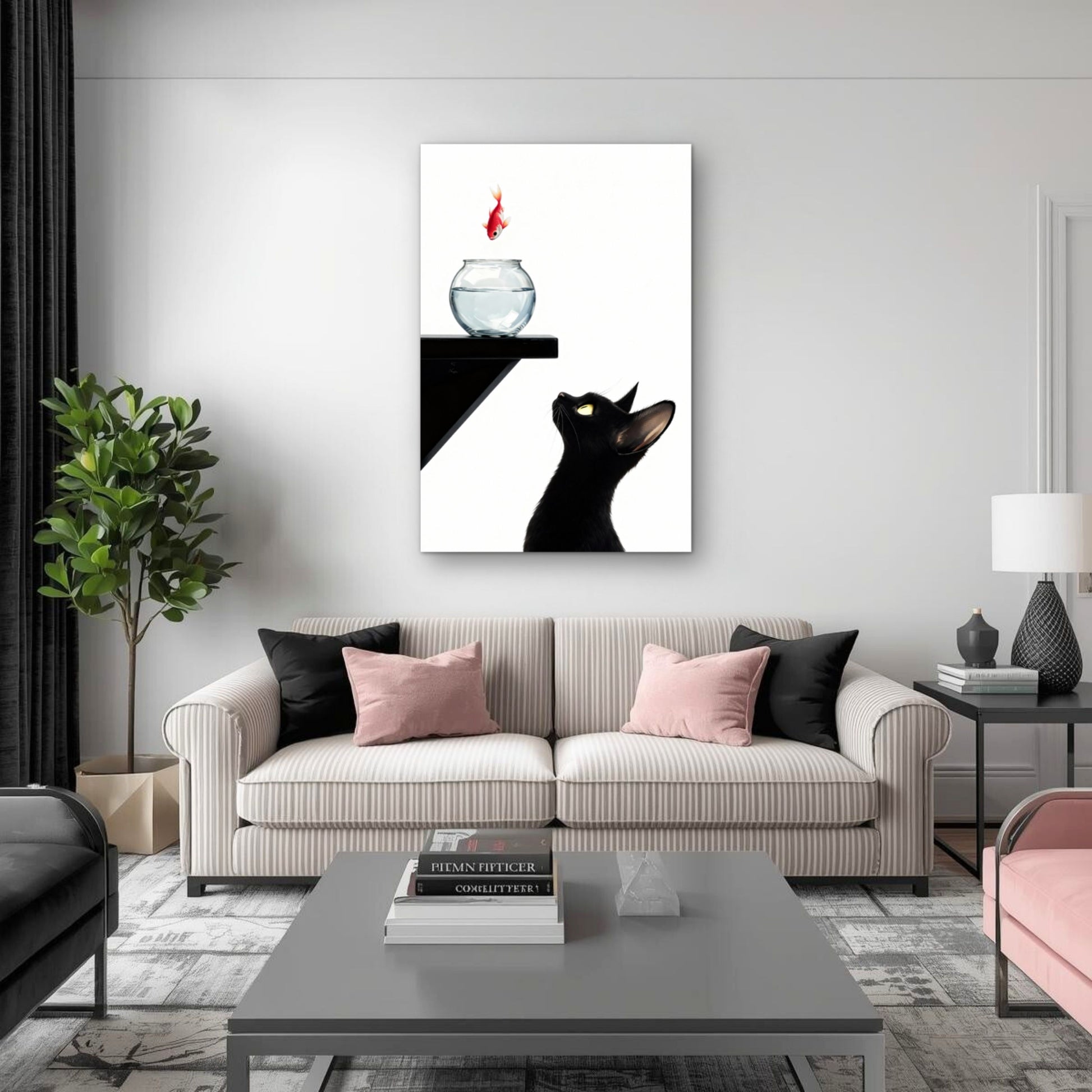 Curious Black Cat Goldfish Minimalist Art Print